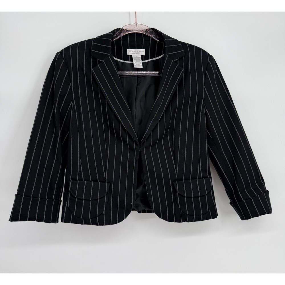 Worthington Stretch Black Pinstripe Cropped Blazer Jacket Sz 10 Hook Closure